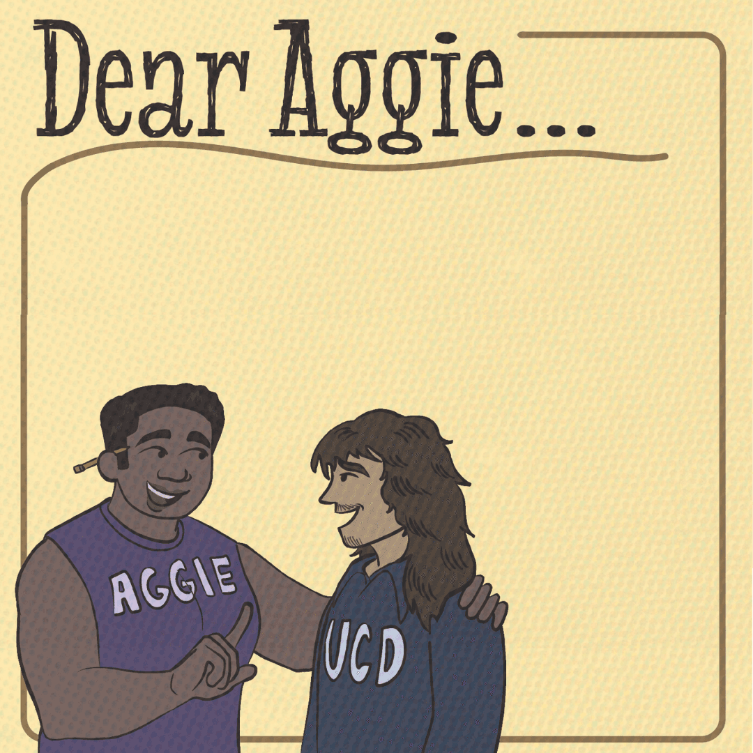 An illustration of wo UC Davis students having a conversation against a yellow background. Text reads, "Dear Aggie..."