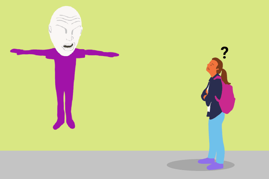 Angry egghead with body floating. Student looks upward, confused.