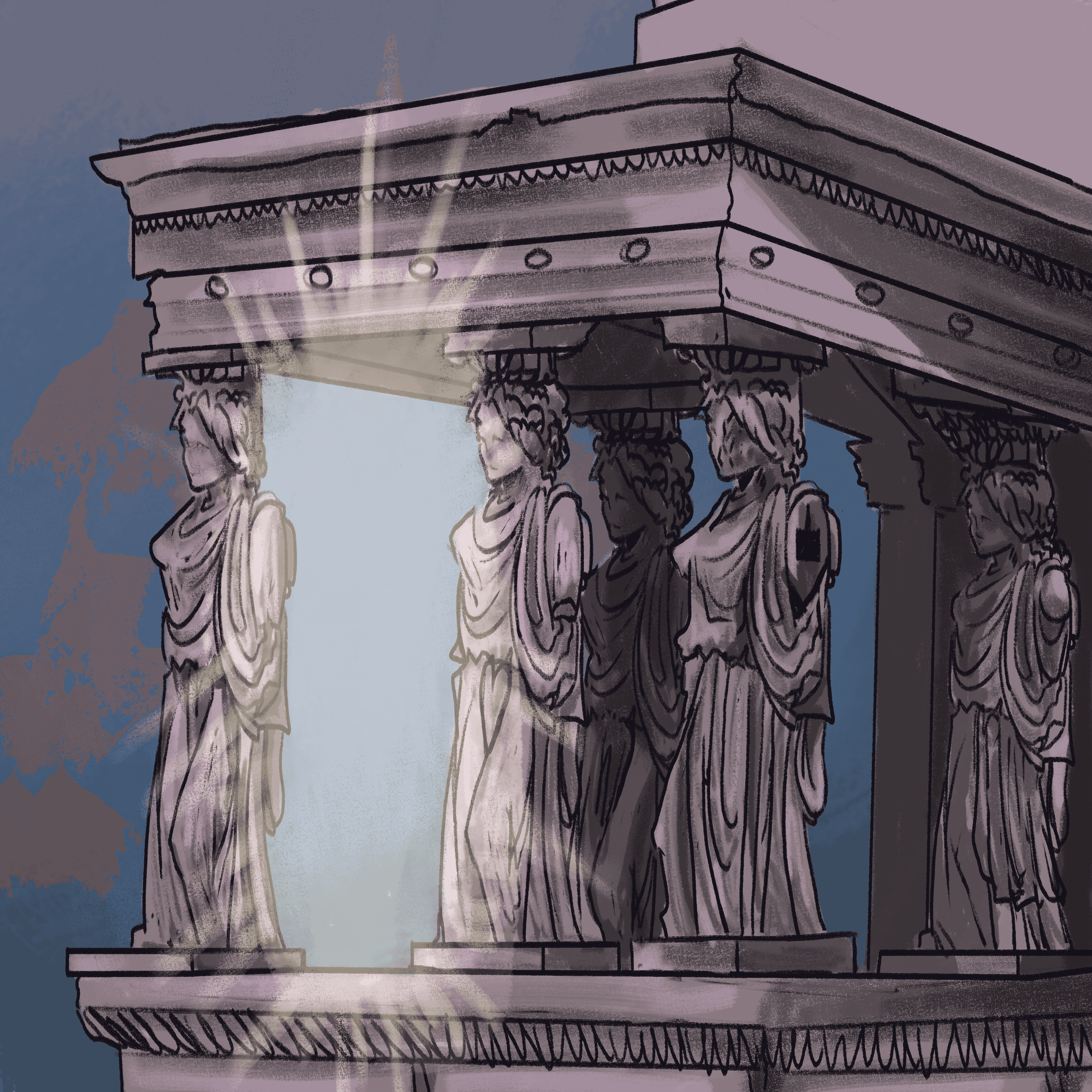 An illustration of old, greek style statues glowing