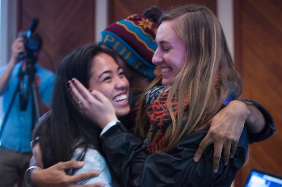 BASED candidates Adilla Jamaludin (left), Parteek Singh (center) and Georgia Savage (right) win three of six ASUCD senate seats. (JAY GELVEZON / AGGIE)
