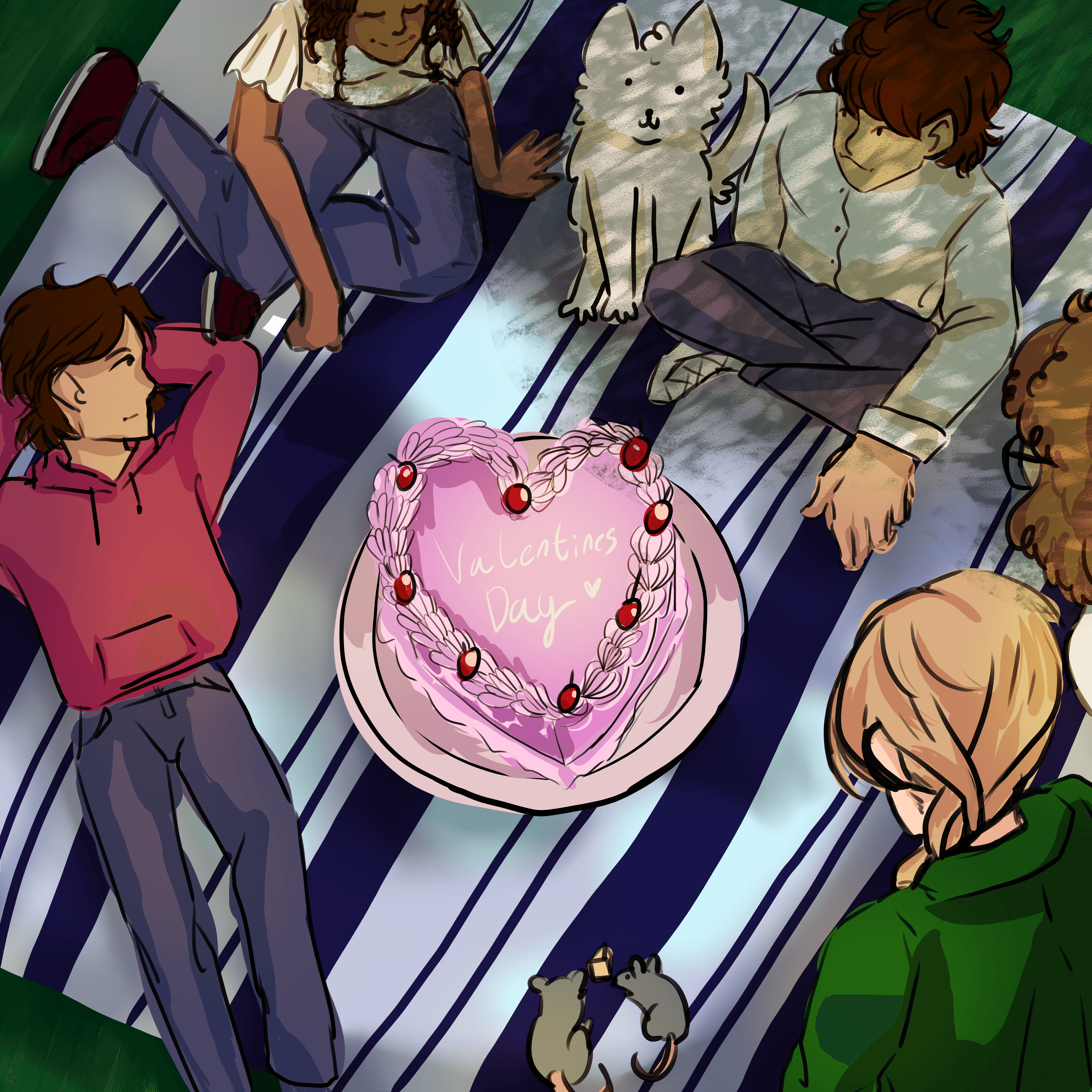 An illustration of five friends and a dog laying and sitting around a pink, heart shaped cake on a picnic blanket