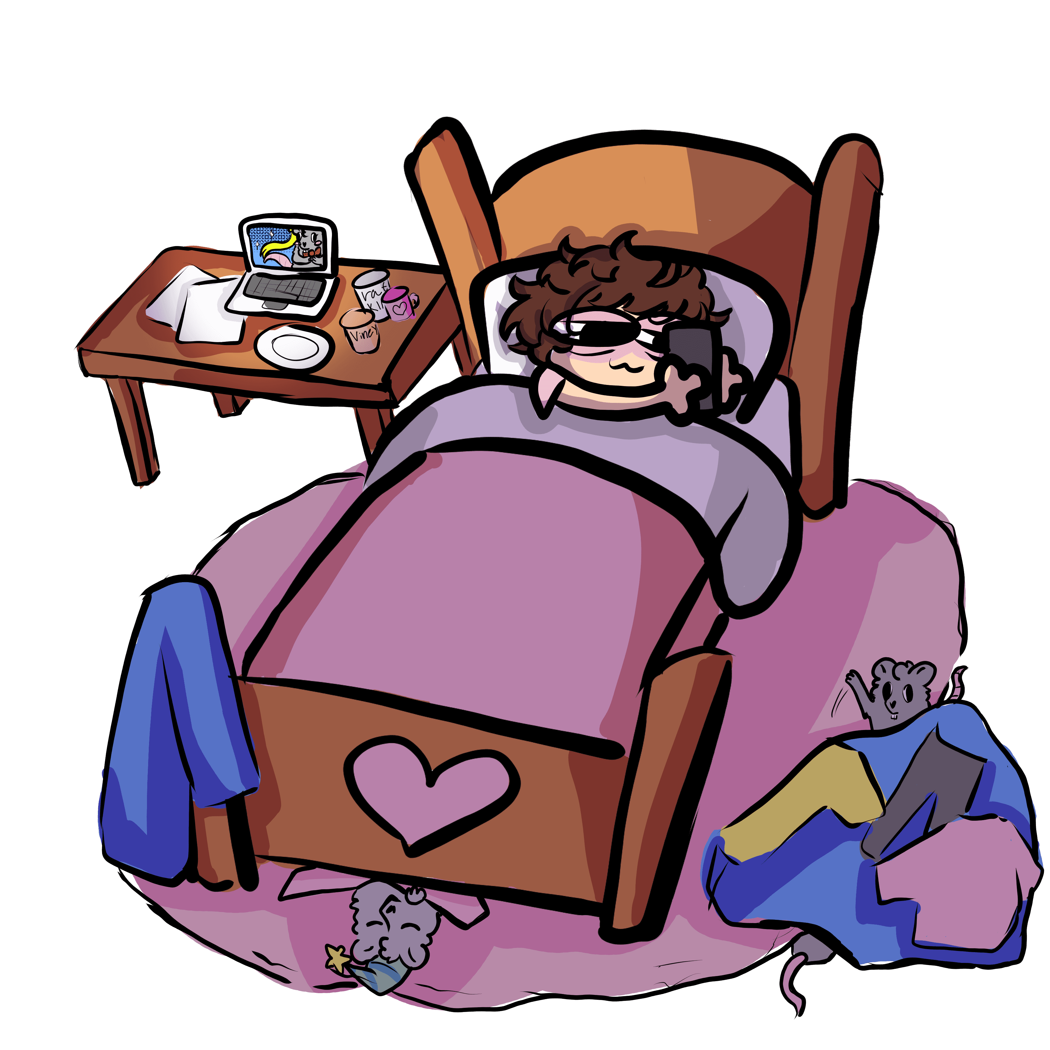 An illustration of a person, looking tired, laying in bed staring at their phone 