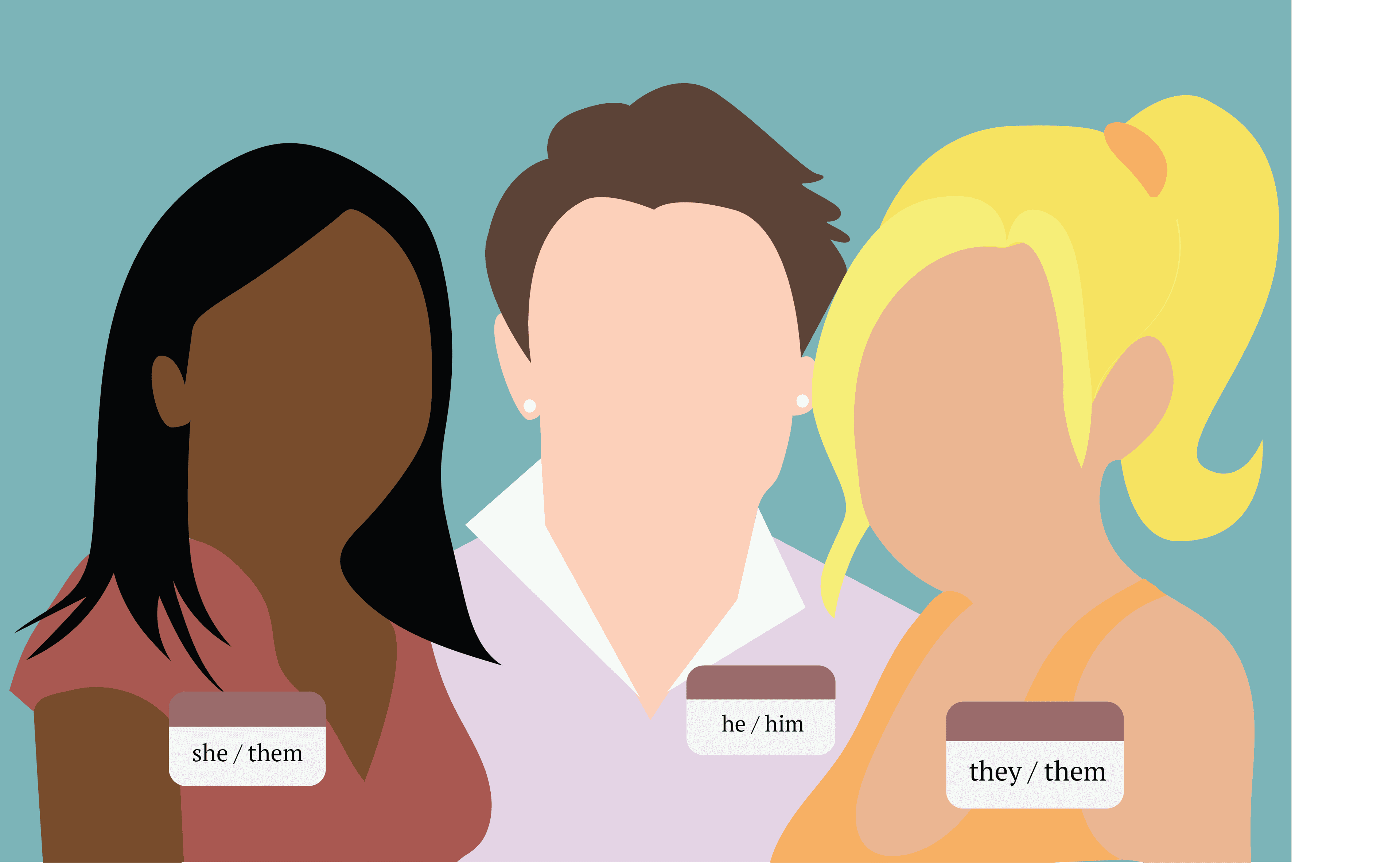 Three people with name tags displaying their gender identities