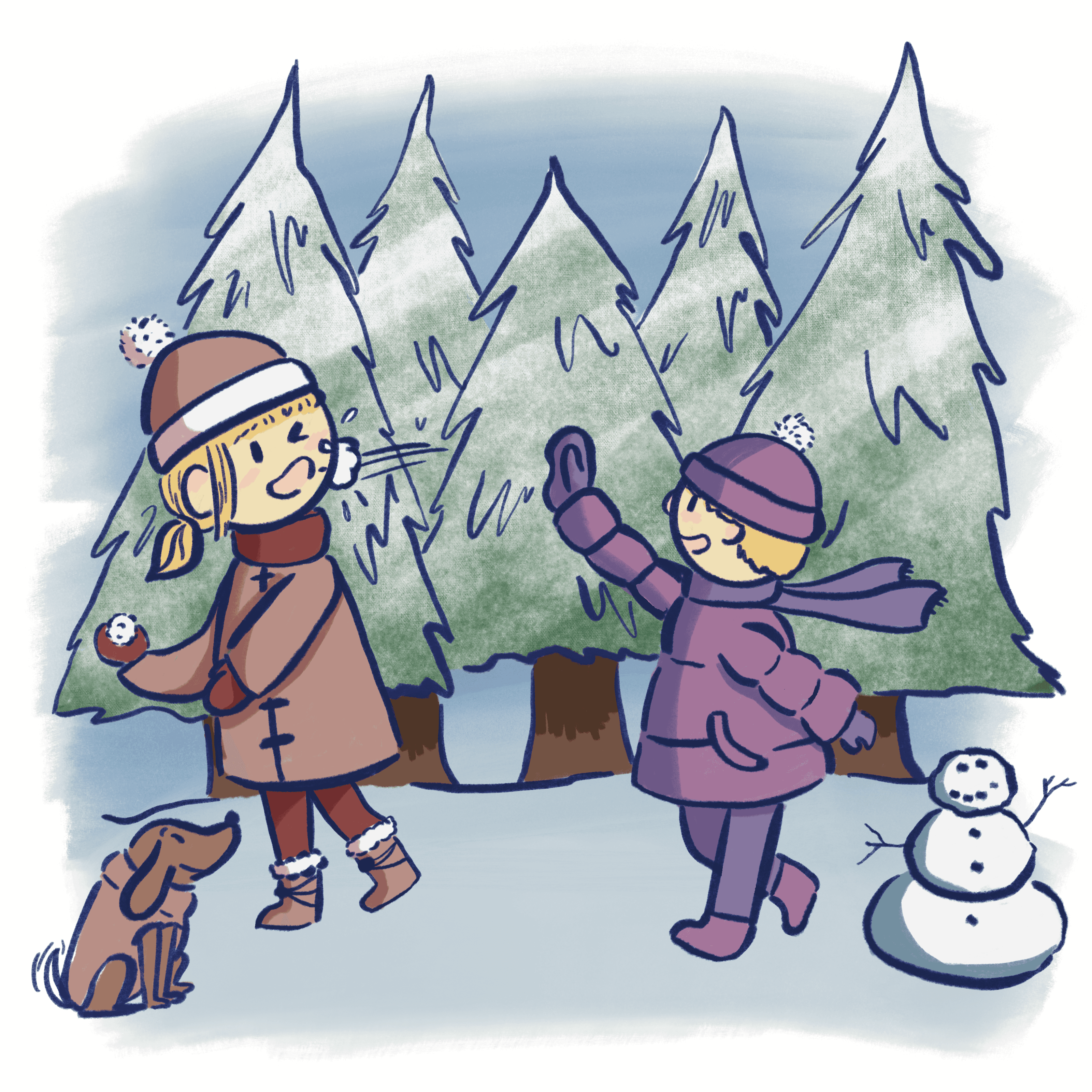An illustration of two kids, bundled in snow gear, throwing snowballs in a forest with a dog and a snowman