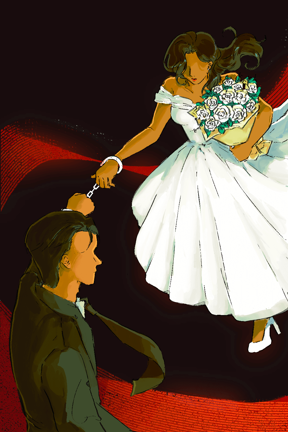 An illustration of a bride holding a white bouquet handcuffed to a groom in a black suit, pulling her down against a black and red background