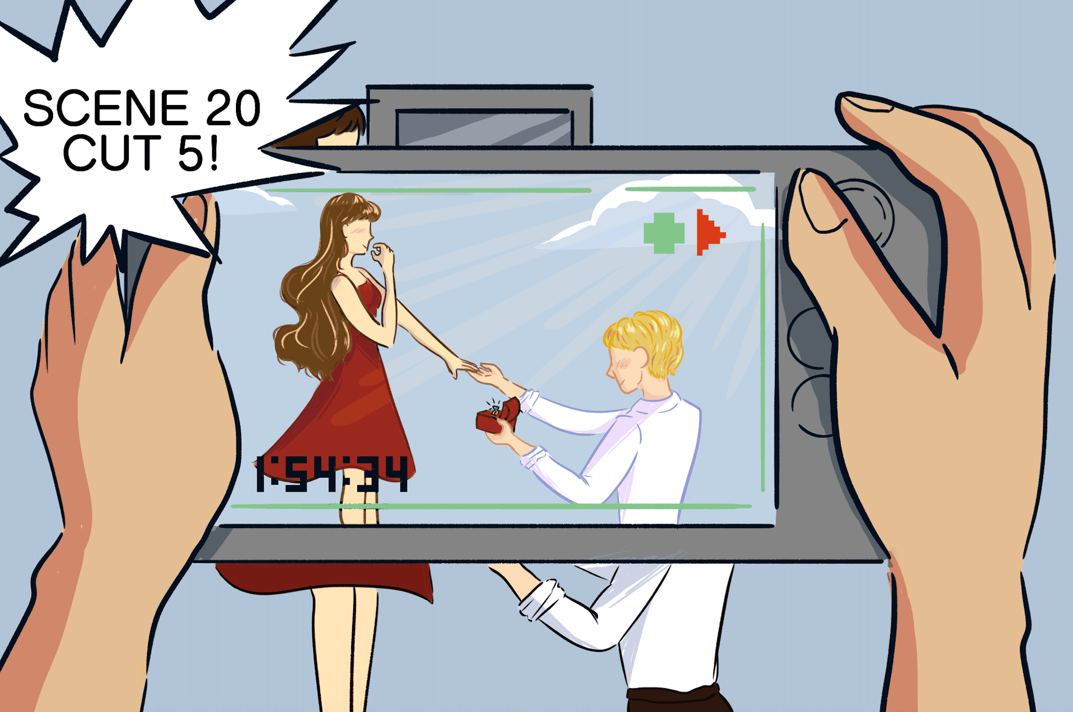 An illustration of a man in a whit shirt proposing to a woman in a red dress, seen through the viewfinder of a camera