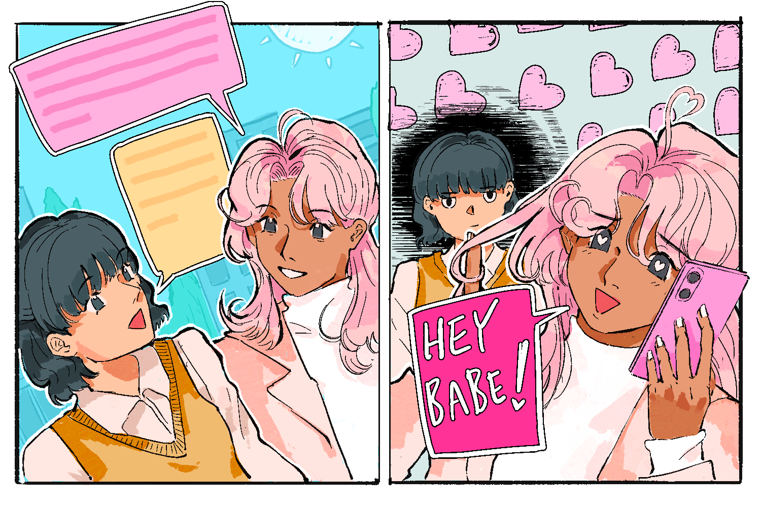 A split-screen comic of two friends, one recieves a call from her partner and answers, ignoring her friends 