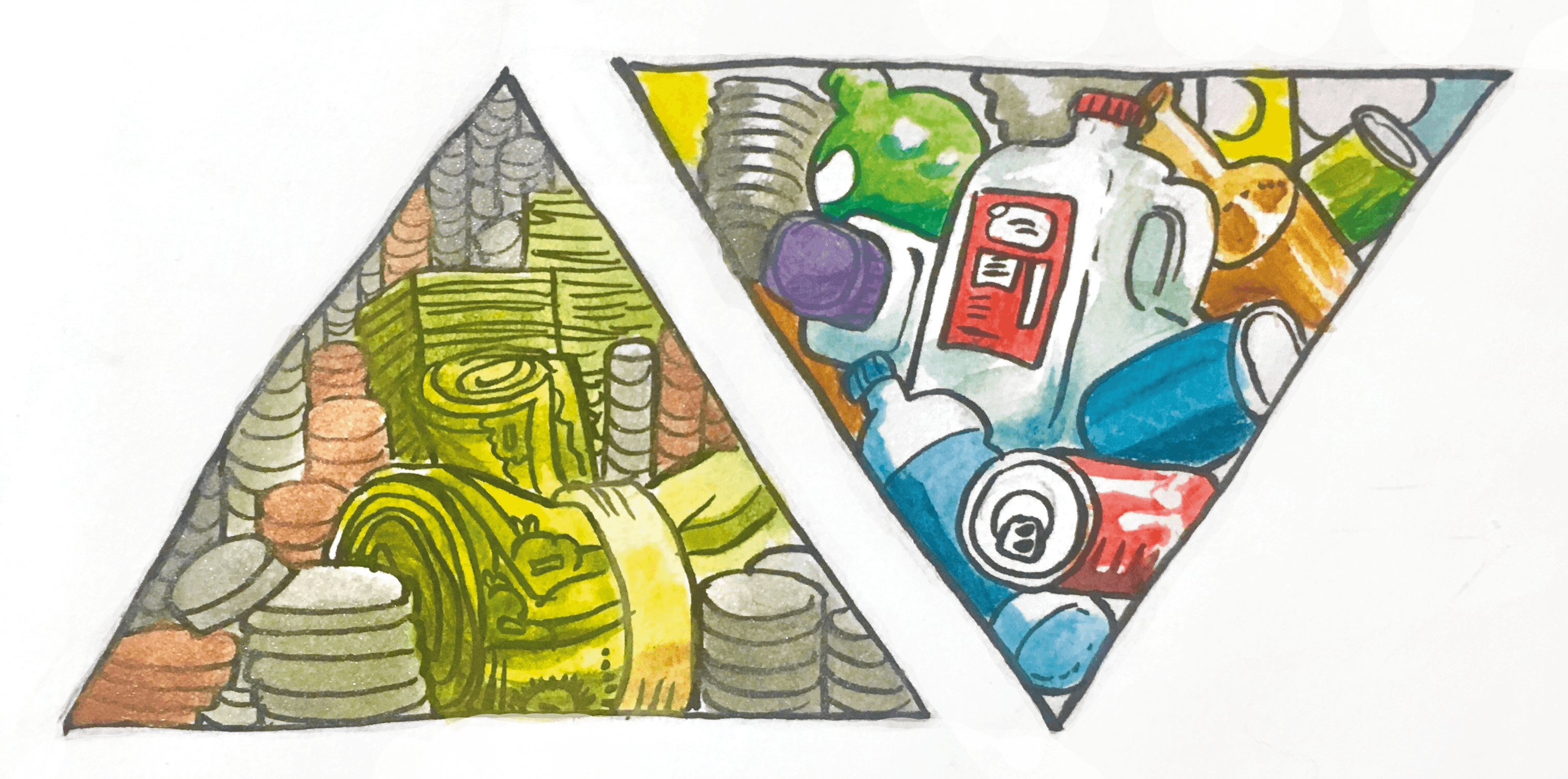 An upward-pointing triangle filled with money, a downward-pointing triangle filled with recyclables