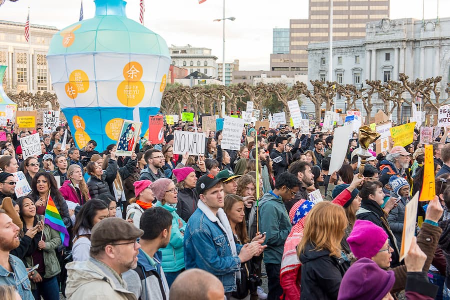 Thousands gathered at Civic Center Plaza, San Francisco denouncing their support on President Trump’s recent executive order. (JAY GELVEZON)