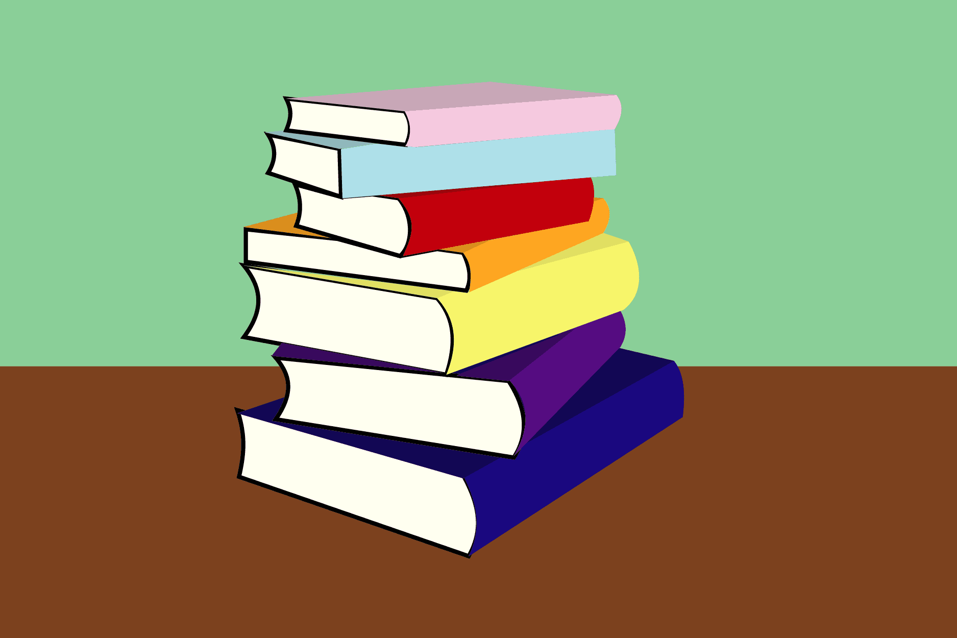 Books stacked on top of a table.