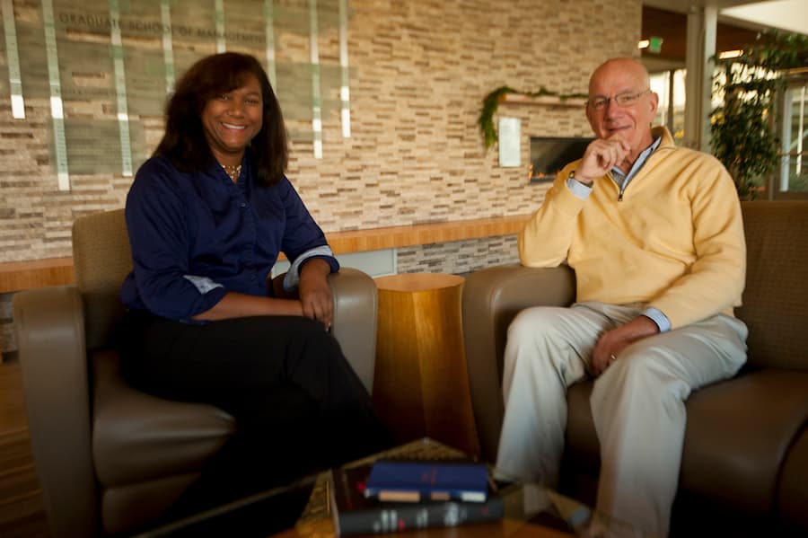 Angela Courtney and Michael Gilson talk about their company, Adrastia Biotech, which they created to develop a commercial platform that would offer a simple, non-painful urine test that could distinguish breast cancer positive from breast cancer negative. (JOE PROUDMAN / UC DAVIS)