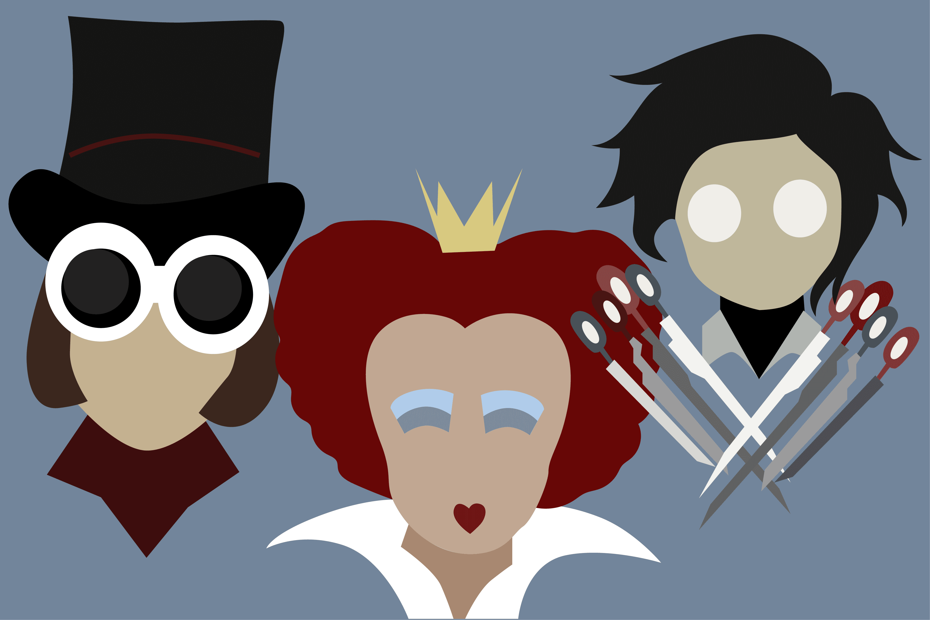 Willy Wonka, The Queen and Edward Scissorhands. Graphic by Katherine Franks. Graphic by Katherine Franks.