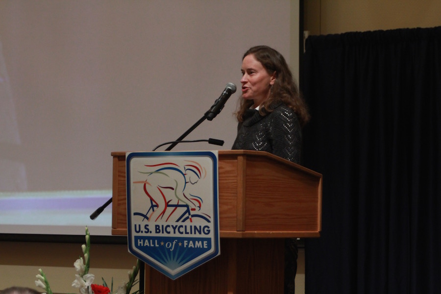 Alison Dunlap, champion of both road and off-road racing, accepts her induction into the US Bicycling Hall of Fame. (HANNAH WODRICH / AGGIE)