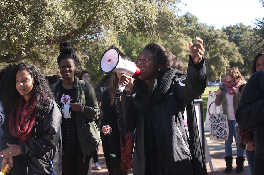 ASUCD President Mariah Watson speaks to the crowd of Mizzou activists. (JAY GELVEZON / AGGIE)