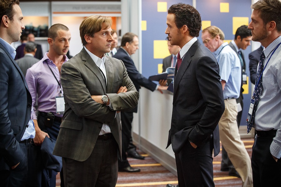 Left to right: Rafe Spall plays Danny Moses, Jeremy Strong plays Vinnie Daniel, Steve Carell plays Mark Baum, Ryan Gosling plays Jared Vennett and Jeffry Griffin plays Chris in The Big Short from (PARAMOUNT PICTURES and REGENCY ENTERPRISES)