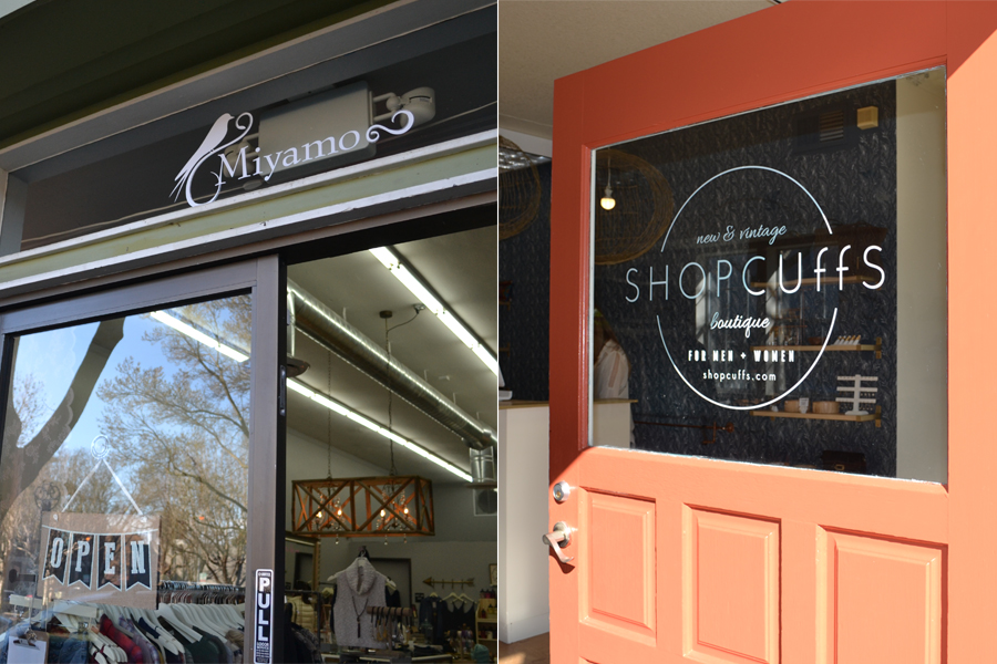 Store fronts of new Davis clothing shops, Miyamo (left) and ShopCuffs (right). (ANGELICA DAYANDANTE / AGGIE)