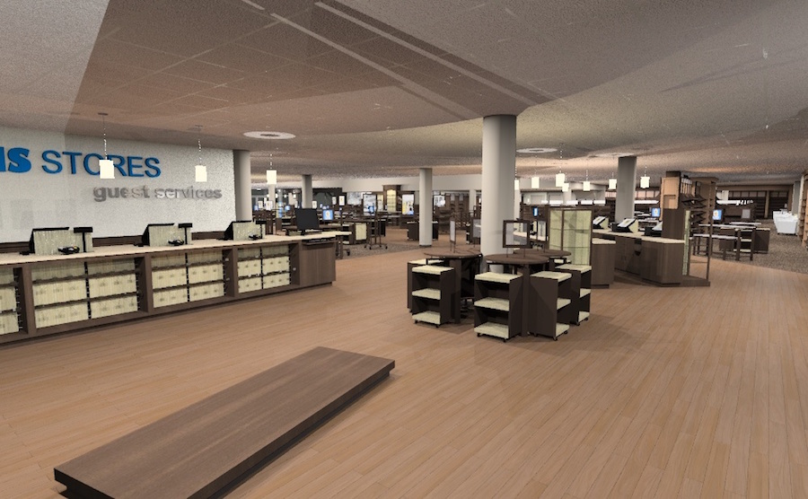 Rendering of bookstore guest services desk on ground floor. (UC DAVIS STORES)