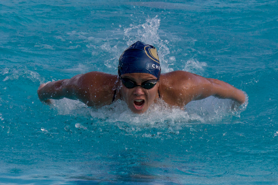 Junior Hilvy Cheung swims fly. (LUCY KNOWLES / AGGIE)