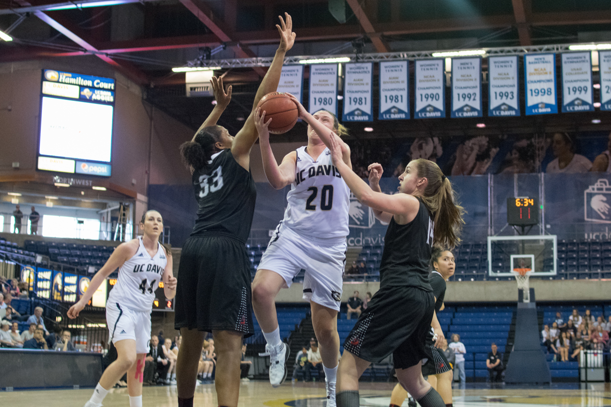Senior Celia Marfone finishes with 11 rebounds, a season high, during the game against CSUN. (BRIAN LANDRY / AGGIE)