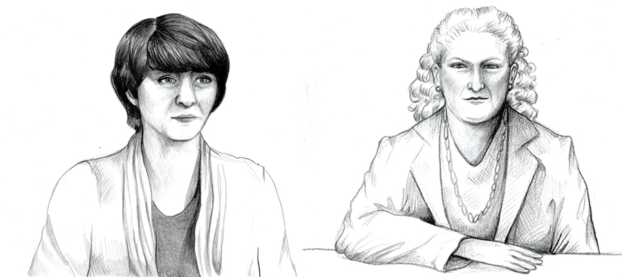 Janet Fulton (left) and Mary-Alice Coleman (right). Sketches by Nicole McKeever / ArtForTrials.com and NicoleMcKeever.com