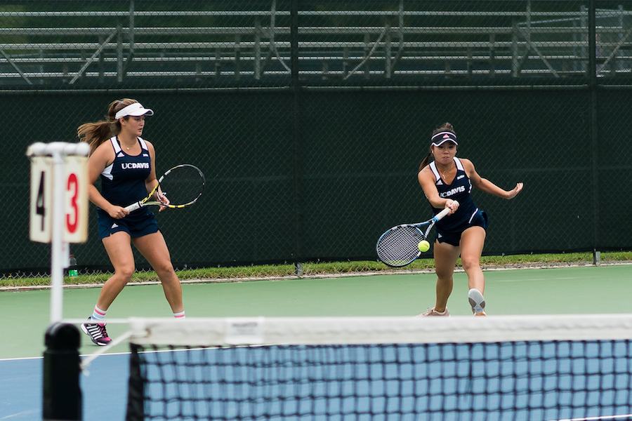 Sophomores Kristy Jorgensen and Jessie Lee helped the Aggies sweep Stanislaus State by winning their tiebreaker 8-6. (NICHOLAS YOON / AGGIE)