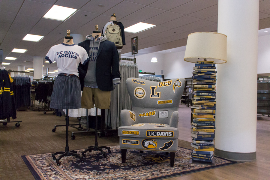 UC Davis' exclusive League chair and lamp, located by the apparel section. (LUCY KNOWLES / AGGIE)