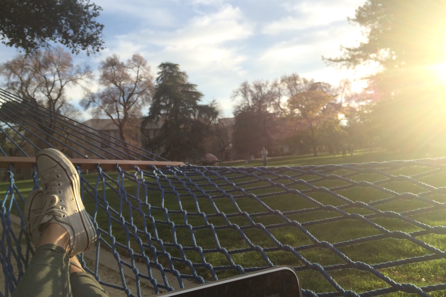 My favorite spot in Davis is the hammock area of the Quad. Getting one has developed into a skill. They key is to get there ten minutes before a class period starts since a lot of people leave during that time. (NICKI PADAR)