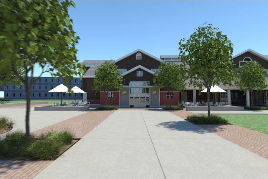 A view looking toward the Bike Barn, showing the planned awnings, seating, and parking spots for food trucks. (UC DAVIS DESIGN AND CONSTRUCTION MANAGEMENT)