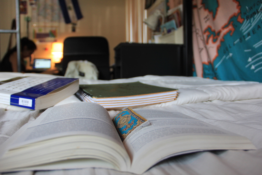 My cozy bed is the best study spot, until the comfort overpowers and I fall asleep. (ASHLEY LUGO)