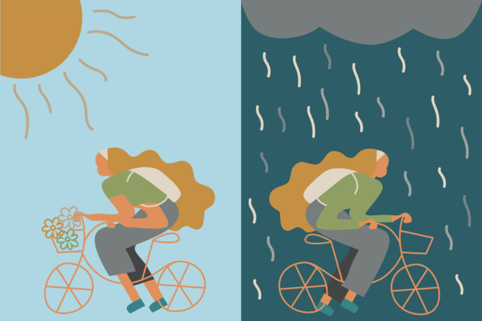 Graphic of woman biking in clear and stormy weather