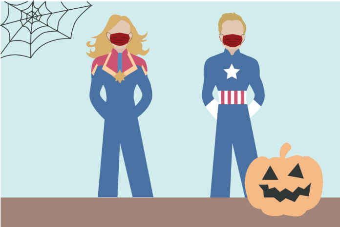 Graphic of two people dressed as Captain Marvel and Captain America behind a pumpkin