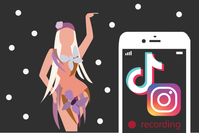 Graphic of woman dancing with phone showing logos of TikTok and Instagram