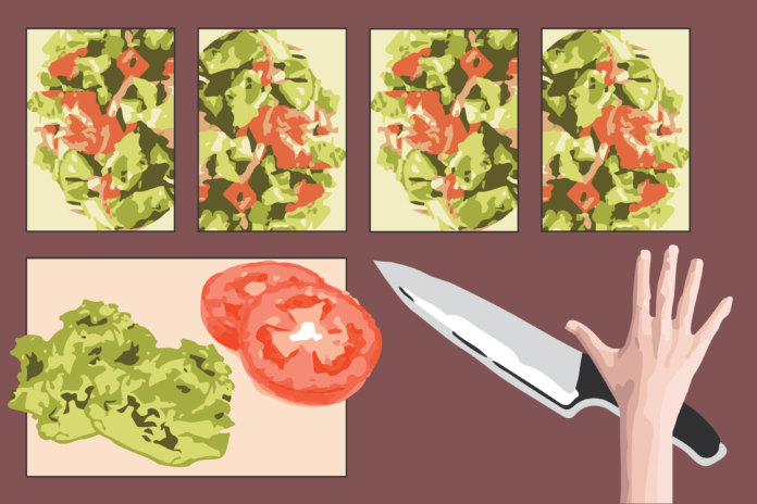 Graphic of cutting board with vegetables. Graphic by Katherine Franks.
