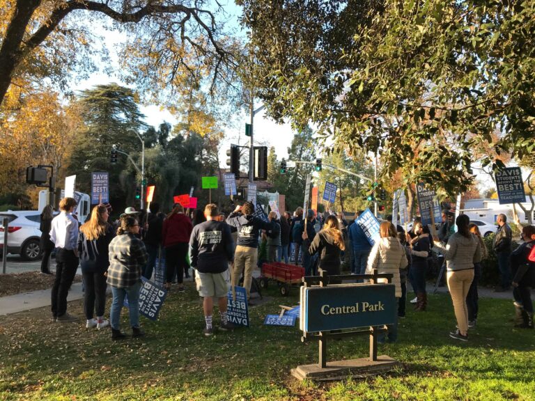 Educators with the Davis Teachers Association rally in downtown Davis