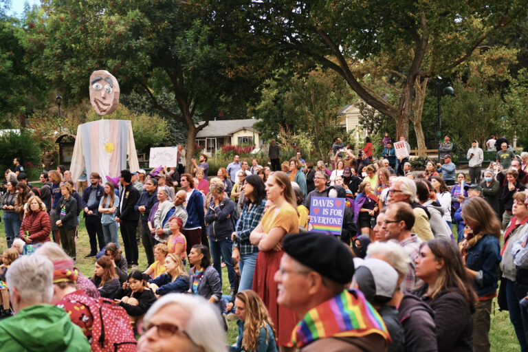A rainbow formed over Central Park as Davis community members rally in response to recent bomb threats that reportedly contained ‘anti-LGBTQIA+ rhetoric’