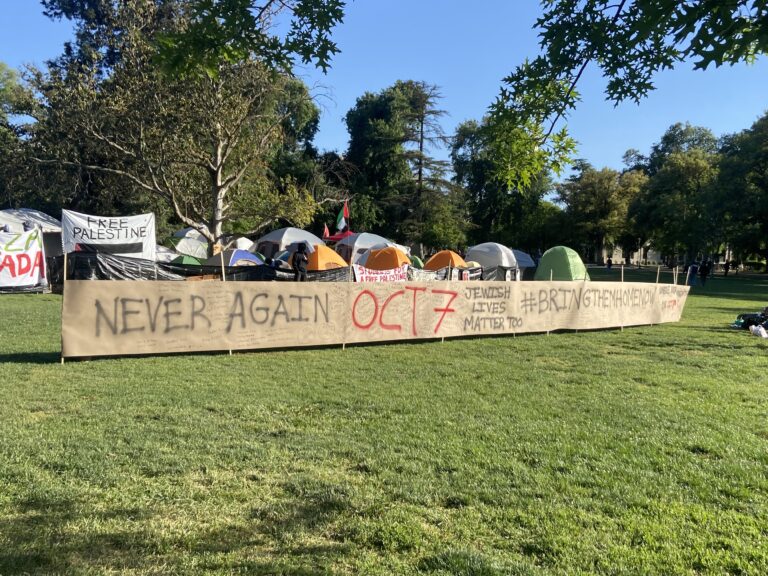 Davis October 7th Coalition stages counter-demonstration outside of Popular University for the Liberation of Palestine encampment